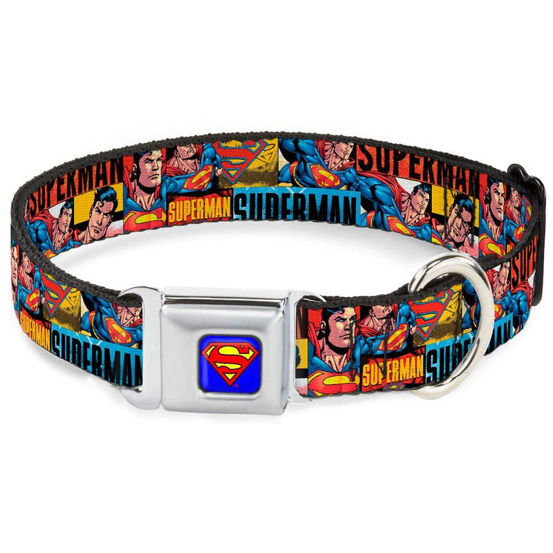 [Australia] - Buckle-Down Seatbelt Buckle Dog Collar - Superman Action Blocks Red/Blue 1" Wide - Fits 11-17" Neck - Medium 