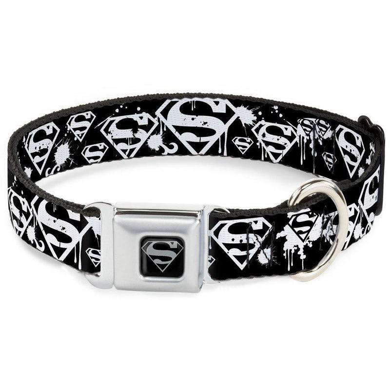 [Australia] - Buckle-Down Seatbelt Buckle Dog Collar - Superman Shield Splatter Black/White 1" Wide - Fits 11-17" Neck - Medium 