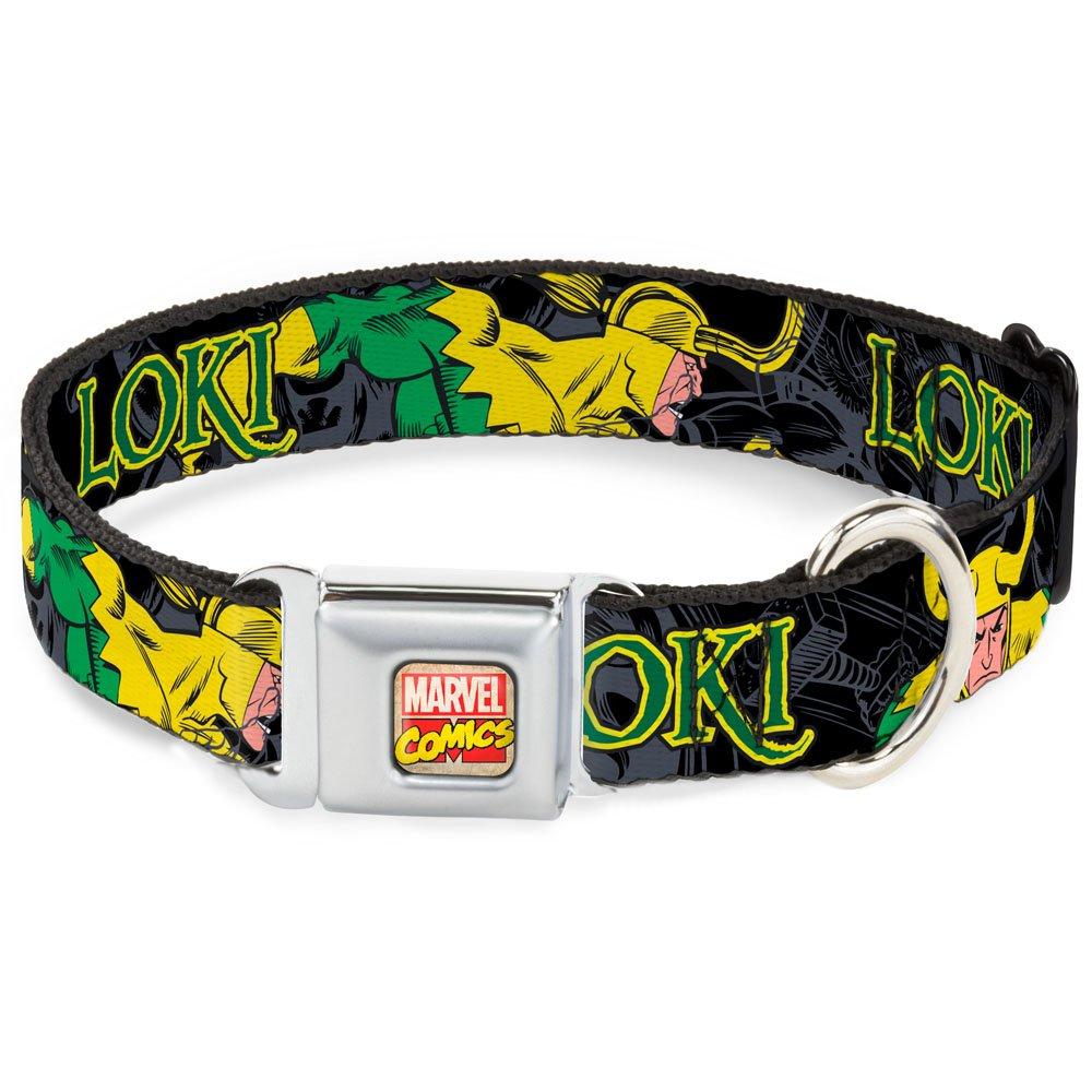 [Australia] - Buckle-Down Seatbelt Buckle Dog Collar - LOKI in Action Black/Gray/Yellow/Green - 1" Wide - Fits 11-17" Neck - Medium 