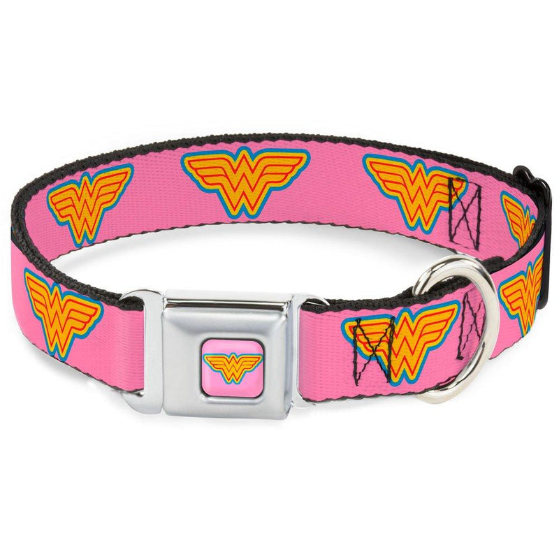 [Australia] - Buckle-Down Dog Collar Seatbelt Buckle Wonder Woman Logo Pink Blue Yellow Pink Available in Adjustable Sizes for Small Medium Large Dogs 1" Wide - Fits 11-17" Neck - Medium 