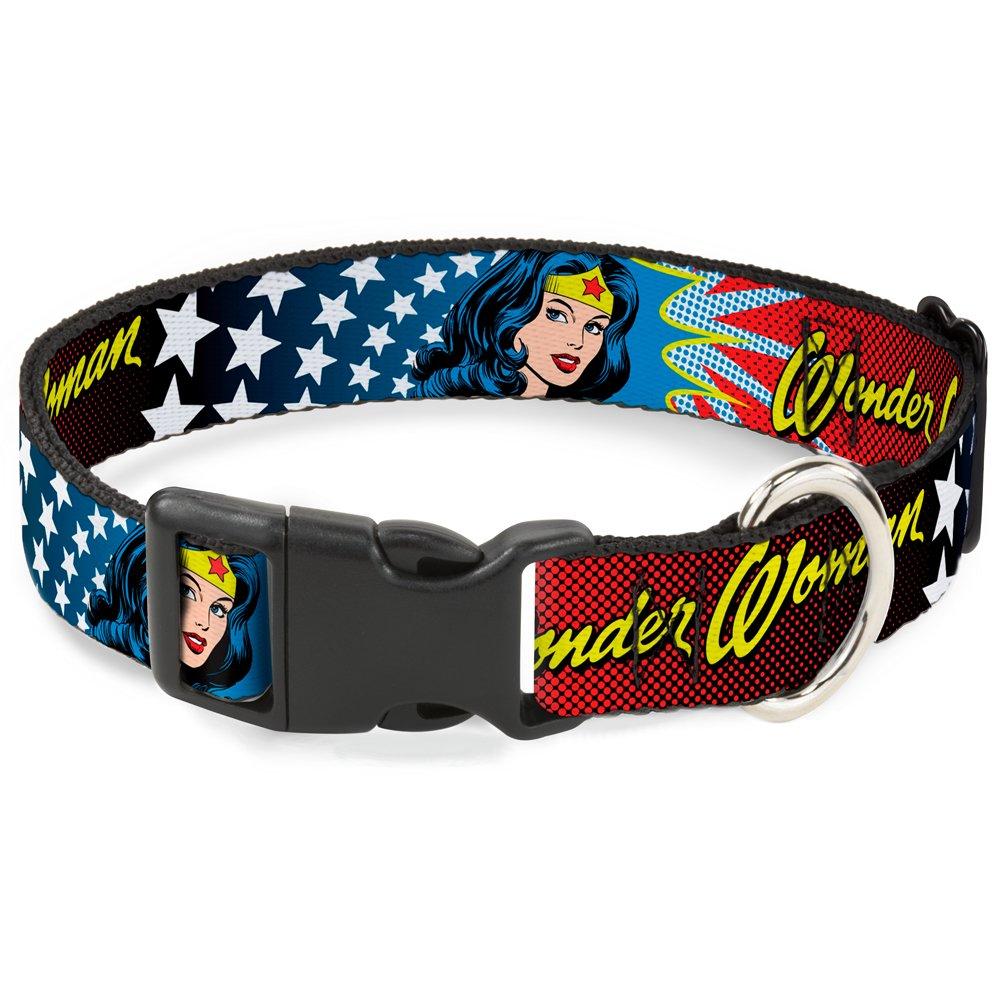 [Australia] - Buckle-Down Plastic Clip Collar - Wonder Woman Face w/Stars - 1" Wide - Fits 15-26" Neck - Large 