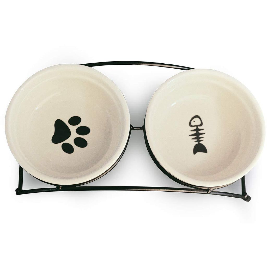 [Australia] - MushroomCat Pet Personalized Cute Feeder Double Ceramic Cat Dog Bowl Dishes Elevated Food and Water Bowls with Metal Raised Antiskid Stand Beige 