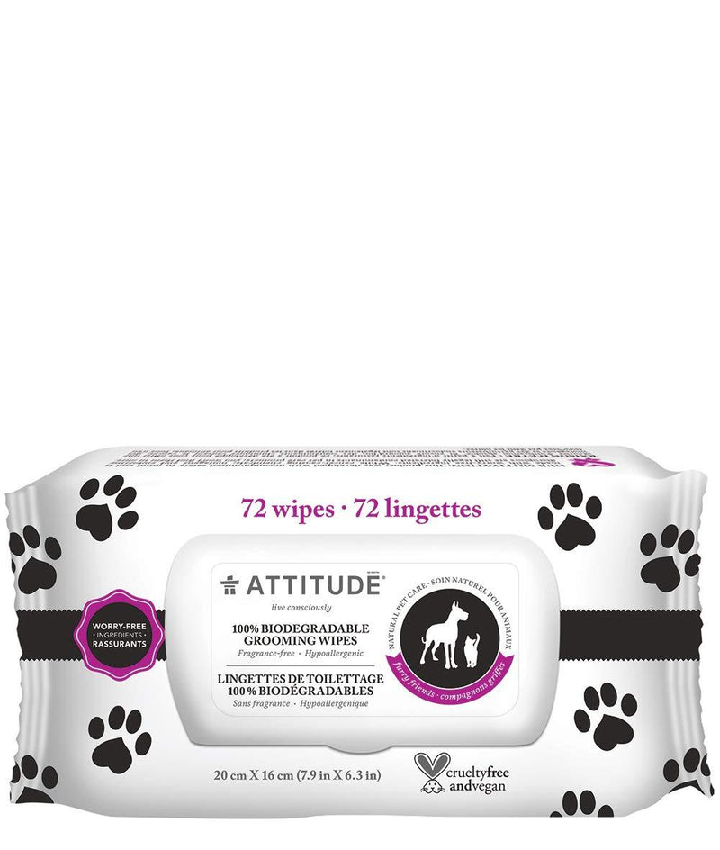 [Australia] - ATTITUDE Furry Friends, Hypoallergenic Natural Grooming Wipes, Fragrance Free, 72 Wipes Dispenser 