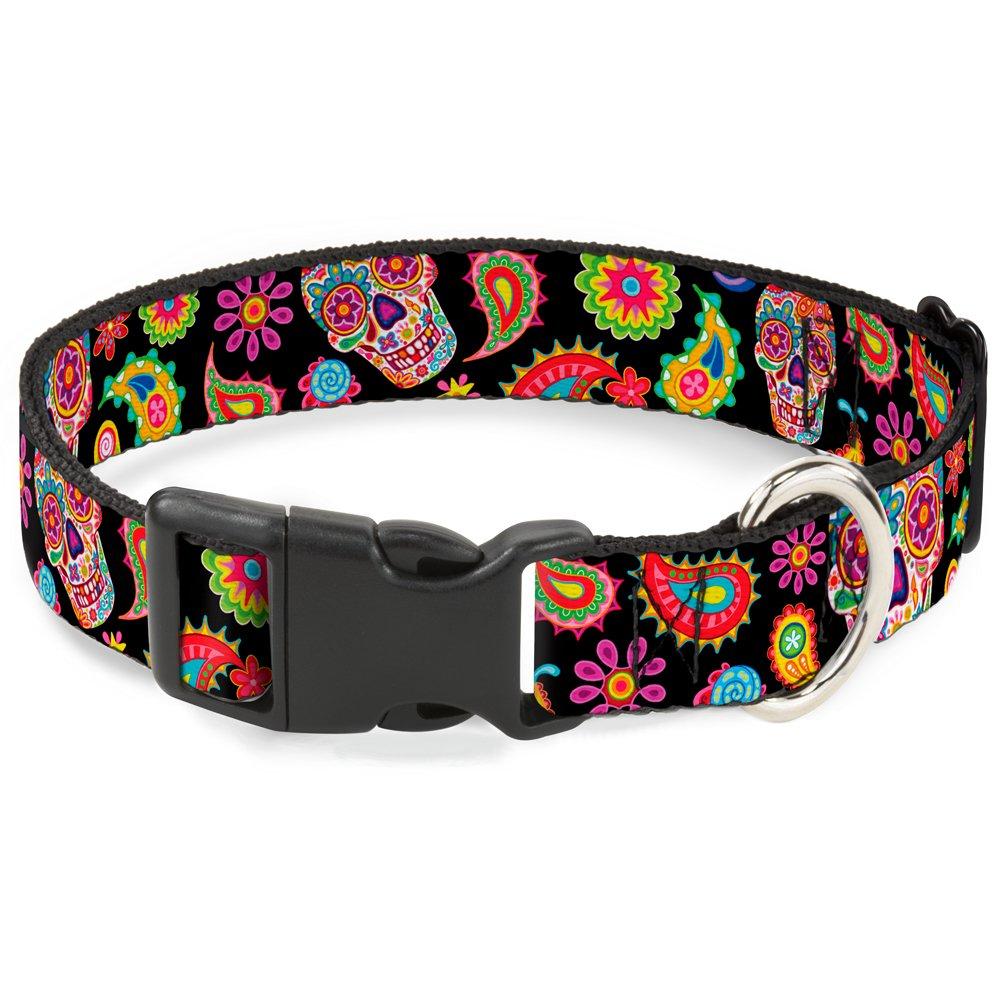 [Australia] - Buckle-Down Plastic Clip Collar - Bobo Sugar Skull/Paisley Black/Multi Color - 1.5" Wide - Fits 18-32" Neck - Large 