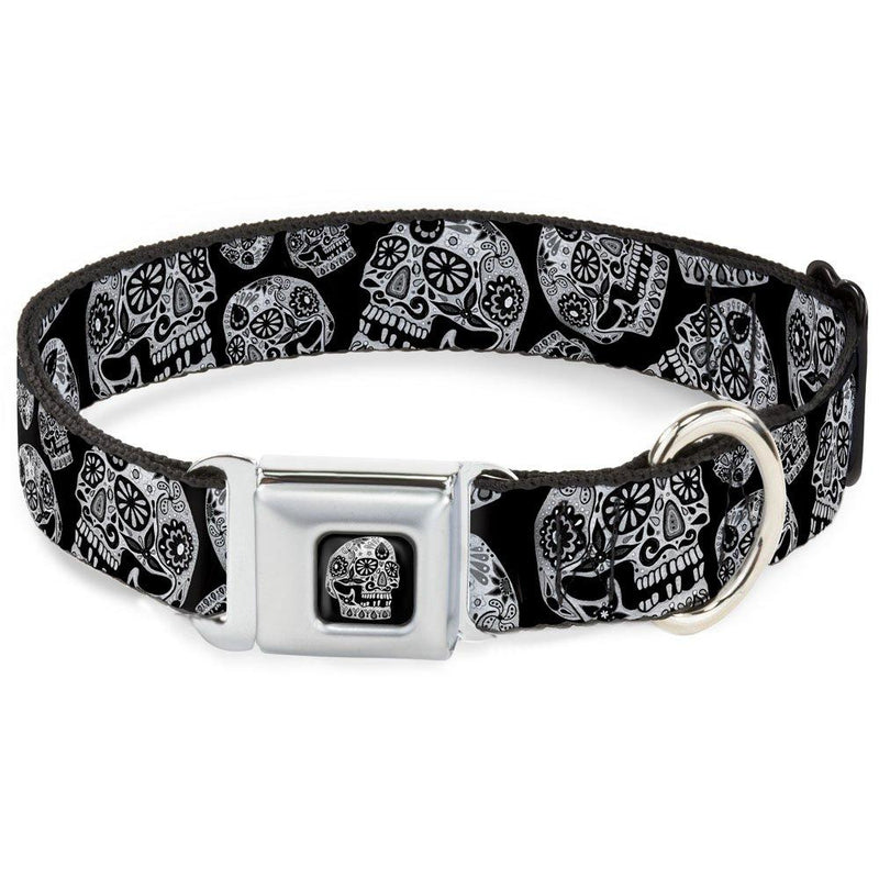 [Australia] - Buckle-Down Dog Collar Seatbelt Buckle The Dust of Living II Sugar Skulls Black White Available in Adjustable Sizes for Small Medium Large Dogs 1.5" Wide - Fits 18-32" Neck - Large 