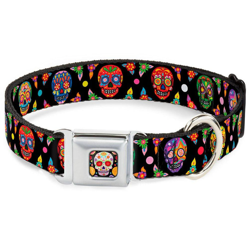 [Australia] - Buckle-Down Seatbelt Buckle Dog Collar - Colorful Calaveras Black/Multi Color 1" Wide - Fits 15-26" Neck - Large 