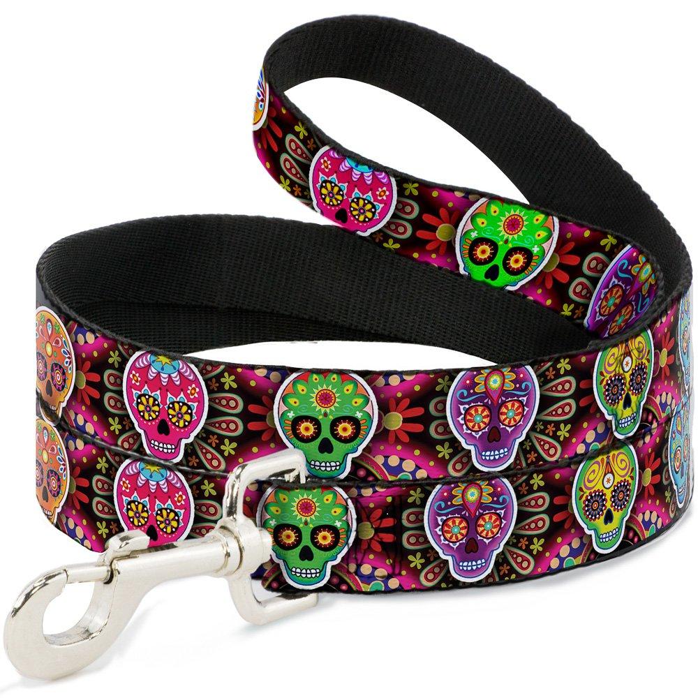 [Australia] - Buckle-Down Dog Leash Six Sugar Skulls Multi Color 6 Feet Long 0.5 Inch Wide 4 Feet Long - 1" Wide 