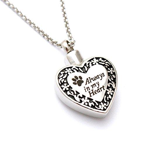[Australia] - Zahara Pet Memorial Urn Necklace (20 Inches) with Velvet Pouch & Fill Kit | Always in My Heart Paw Pendant and Chain (Nickel Free) 