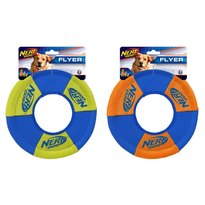 Nerf Dog Toss and Tug Ring Dog Toy, Frisbee, Lightweight, Durable and Water Resistant, 9 Inch Diameter, For Medium/Large Breeds, Two Pack, Green and Orange - PawsPlanet Australia
