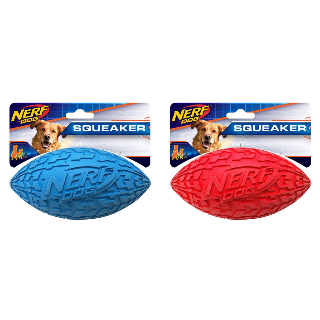 Nerf Dog Tire Football Dog Toy with Interactive Squeaker, Lightweight, Durable and Water Resistant, for Medium/Large Breeds 2 Pack - Red and Blue Large - 6 inch - PawsPlanet Australia