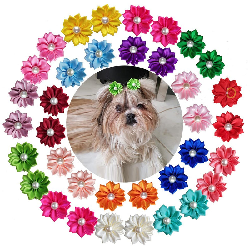 yagopet 40pcs/Pack 20pairs Cute New Dog Hair Bows with Rubber Bands Pearls Flowers Topknot Mix Styles Dog Bows Pet Grooming Products Mix Colors Pet Hair Bows Topknot - PawsPlanet Australia