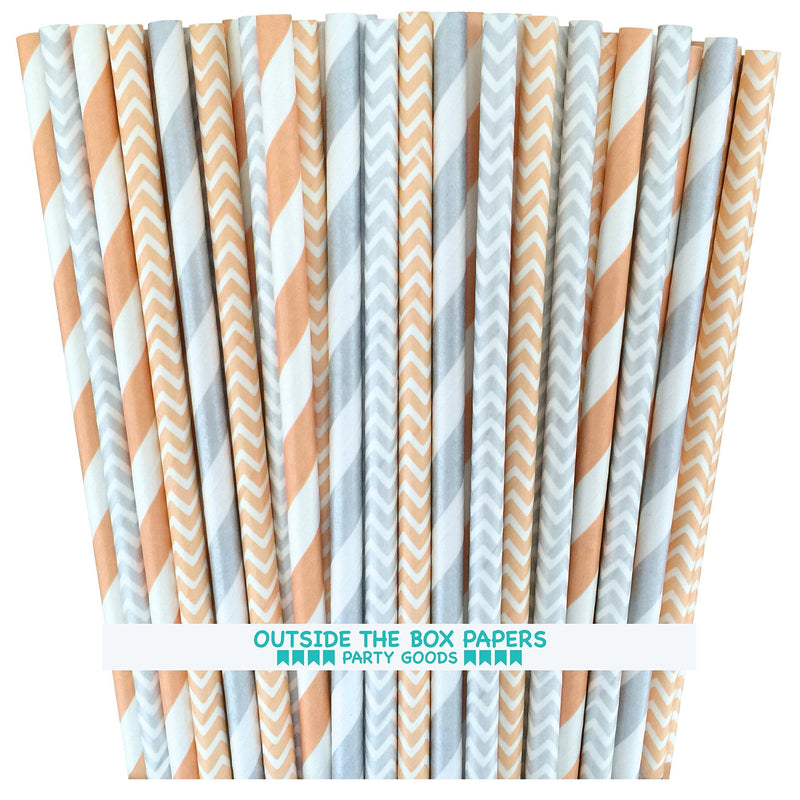 [Australia] - Outside the Box Papers Peach and Silver Chevron and Stripe Paper Straws 7.75 Inches 100 Pack Peach, Silver, White 