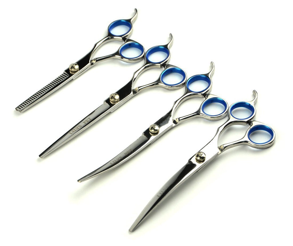 [Australia] - LILYS PET Professional PET Dog Grooming Scissors Suit,RED/Blue Ring, Cutting&Curved&Thinning Shears Blue Ring 7.0" 