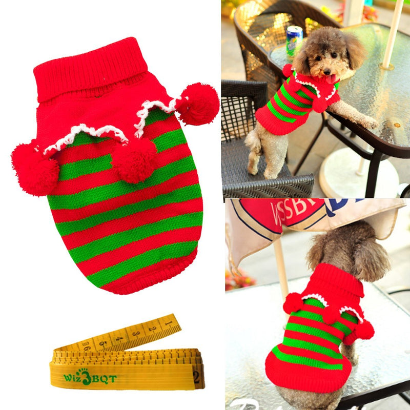 [Australia] - Christmas Turtleneck Knitted Pet Dog Cat Sweater Knitwear Outerwear with Collar and Balls for Dogs & Cats (Red & Green Stripes, S) 