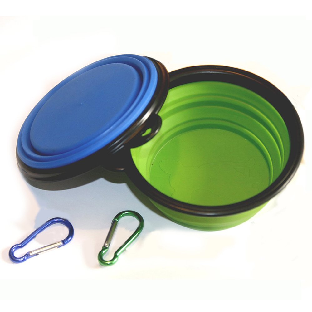 COMSUN Collapsible Dog Bowl, Foldable Expandable Cup Dish for Pet Cat Food Water Feeding Portable Travel Bowl Free Carabiner Green + Blue - PawsPlanet Australia