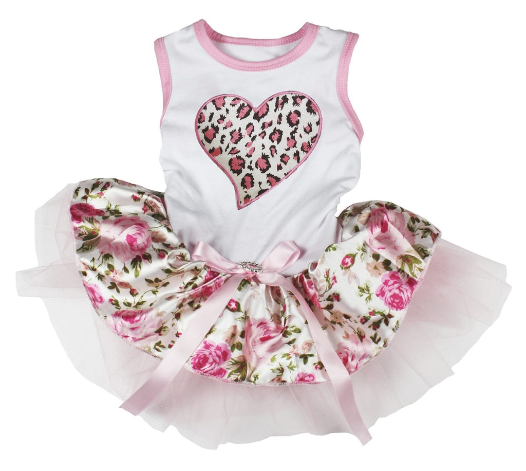 Petitebella Leopard Heart Puppy Dog Dress Medium White/Pink Floral - PawsPlanet Australia