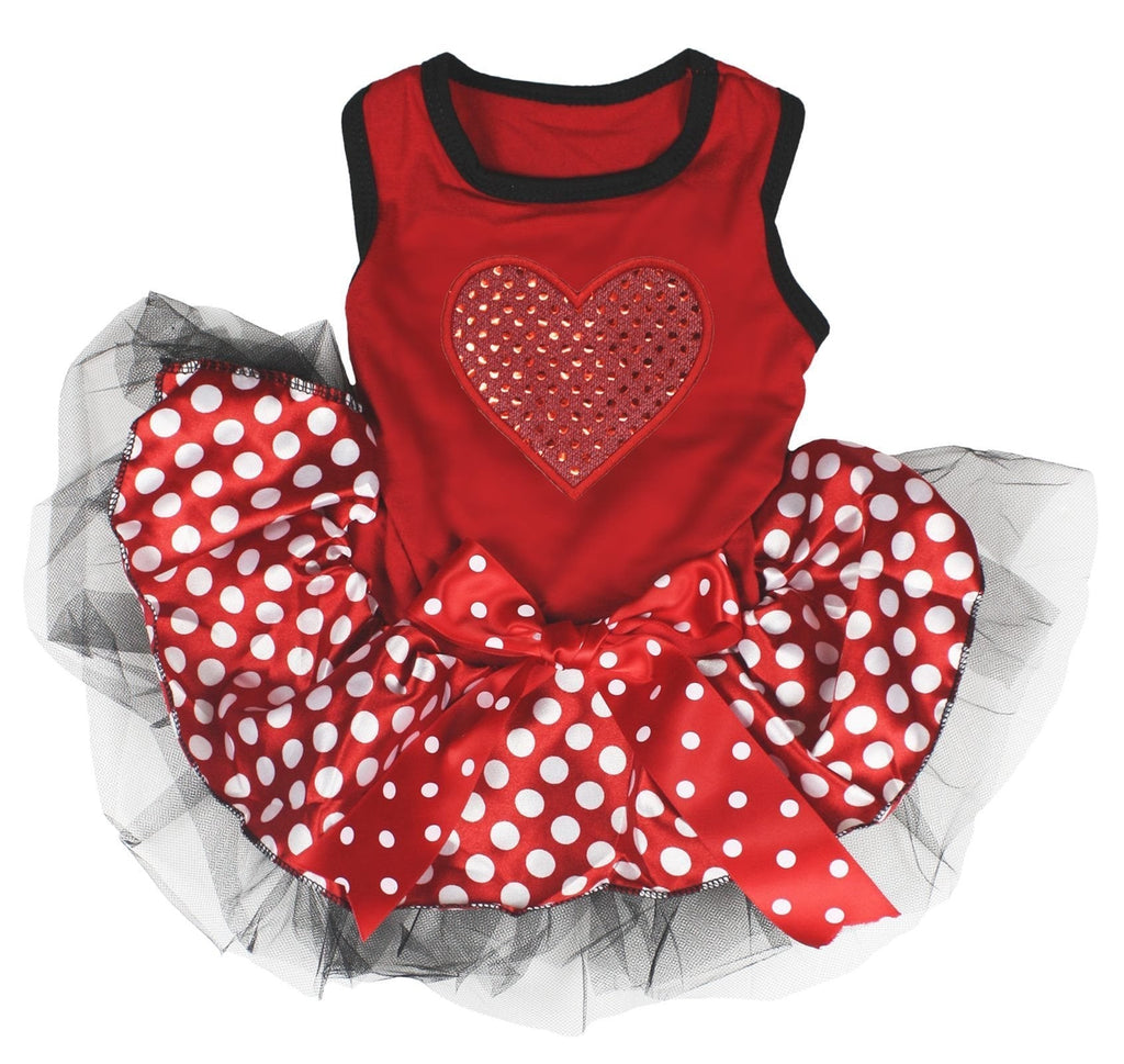Petitebella Red Sequins Heart Puppy Dog Dress Large Red/Polka Dots - PawsPlanet Australia