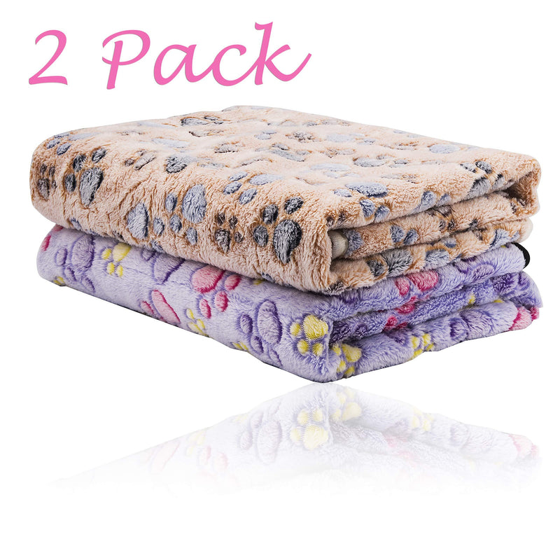 [Australia] - iNNEXT 2 Pack Puppy Blanket for Pet Cushion Small Dog Cat Bed Soft Warm Sleep Mat, Pet Dog Cat Puppy Kitten Soft Blanket Doggy Warm Bed Mat Paw Print Brown/Lavender 