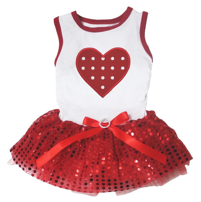 Petitebella Red Polka Dots Heart Puppy Dog Dress Large White/Red Sequins - PawsPlanet Australia