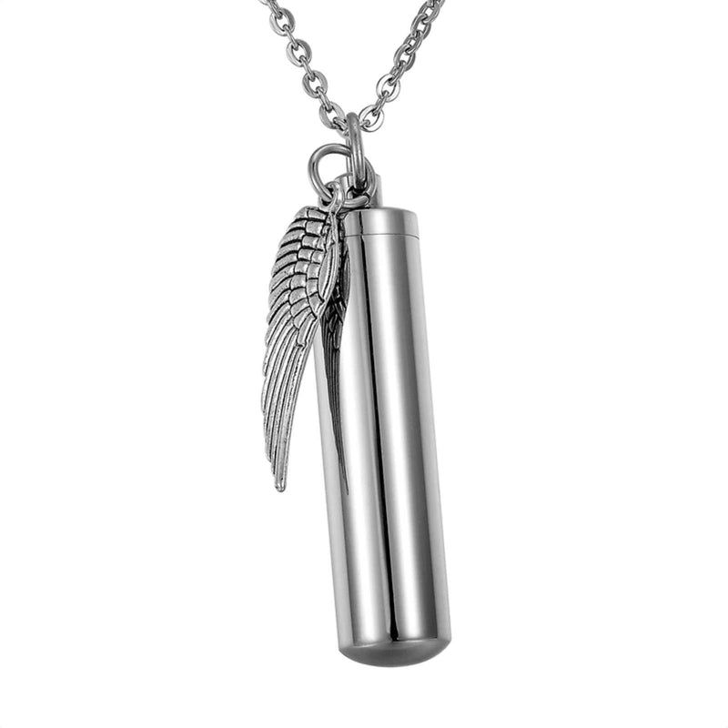 [Australia] - HooAMI Angel Wing Charm & Cylinder Memorial Urn Necklace Stainless Steel Cremation Jewelry 1-48mm Silver 