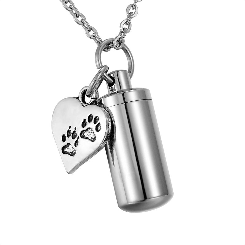 [Australia] - HooAMI Pet Paw Heart Charm & Cylinder Memorial Urn Necklace Stainless Steel Cremation Jewelry Heart Paw 