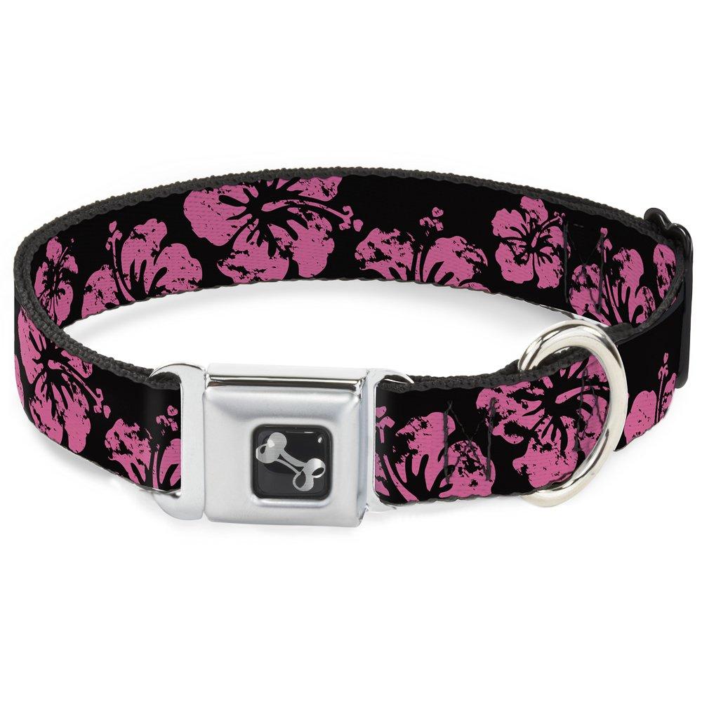 Buckle-Down Dog Collar Seatbelt Buckle Hibiscus Weathered Black Pink Available in Adjustable Sizes for Small Medium Large Dogs 1.5" Wide - Fits 13-18" Neck - Small - PawsPlanet Australia