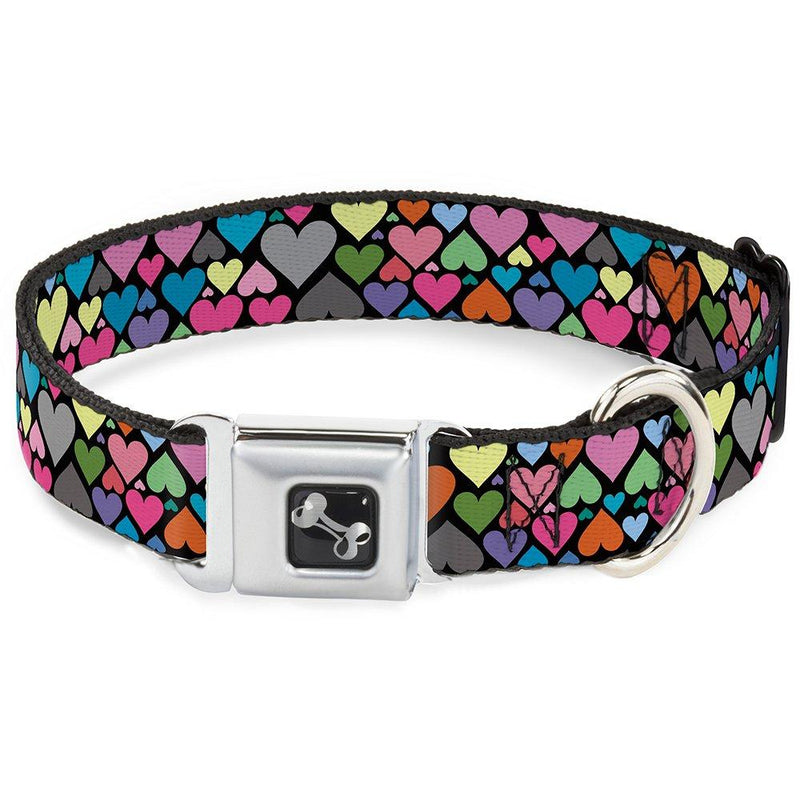 [Australia] - Buckle-Down Seatbelt Buckle Dog Collar - Hearts Black/Multi Color 1.5" Wide - Fits 18-32" Neck - Large 