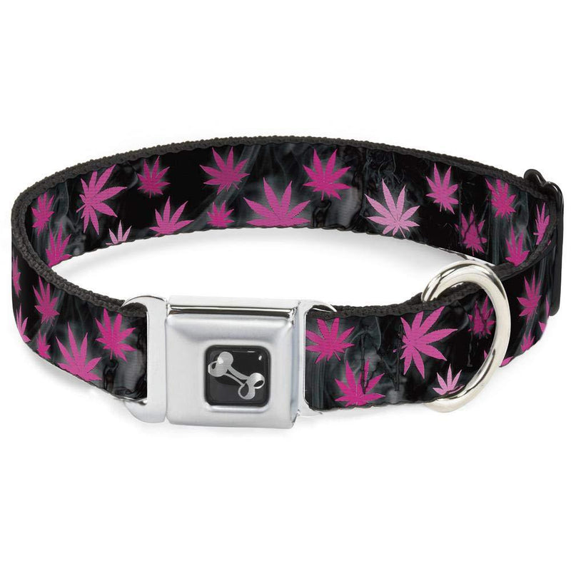 [Australia] - Buckle-Down Seatbelt Buckle Dog Collar - Pot Leaves/Smoke Black/Pink/White - 1.5" Wide - Fits 18-32" Neck - Large 