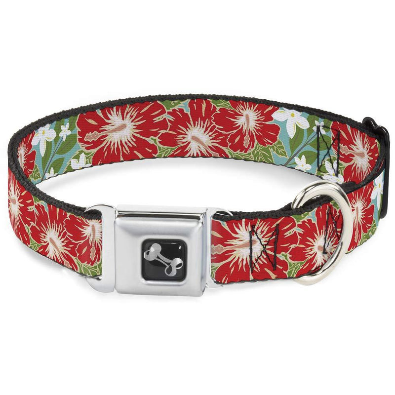 Buckle-Down Seatbelt Buckle Dog Collar - Hibiscus & Plumerias Turquoise/Green/Red/White - 1.5"" Wide - Fits 13-18"" Neck - Small (DC-W30874-WS) 1.5" Wide - Fits 13-18" Neck - Small - PawsPlanet Australia