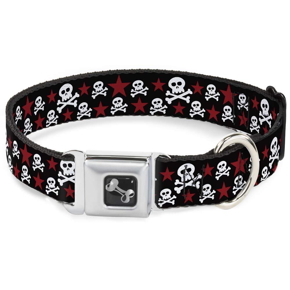 [Australia] - Buckle-Down Dog Collar Seatbelt Buckle Skulls Stars Black White Red Available in Adjustable Sizes for Small Medium Large Dogs M - Fits 11-17" - 1.0" Wide 