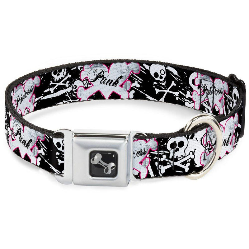 [Australia] - Buckle-Down Seatbelt Buckle Dog Collar - Punk Princess Heart & Cross Bones w/Skulls & Splatter Black/White 1.5" Wide - Fits 18-32" Neck - Large 