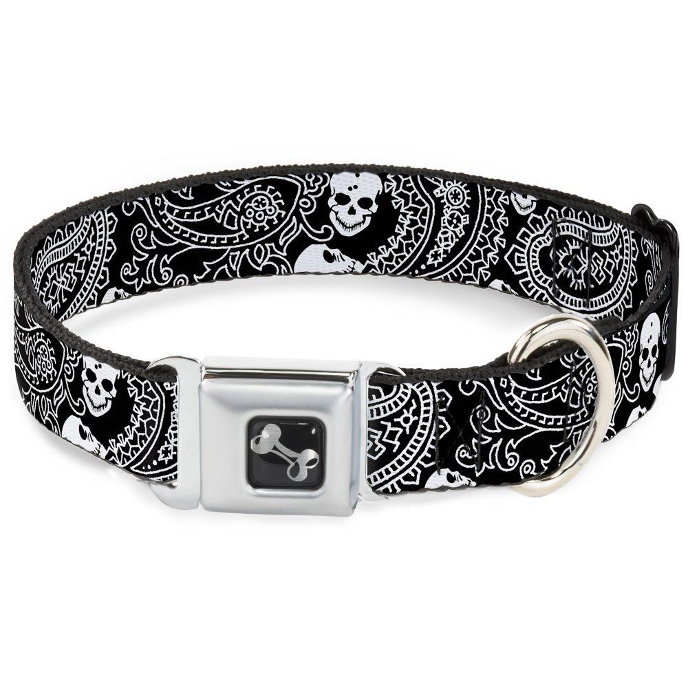 [Australia] - Buckle-Down Seatbelt Buckle Dog Collar - Bandana/Skulls Black/White - 1" Wide - Fits 11-17" Neck - Medium 