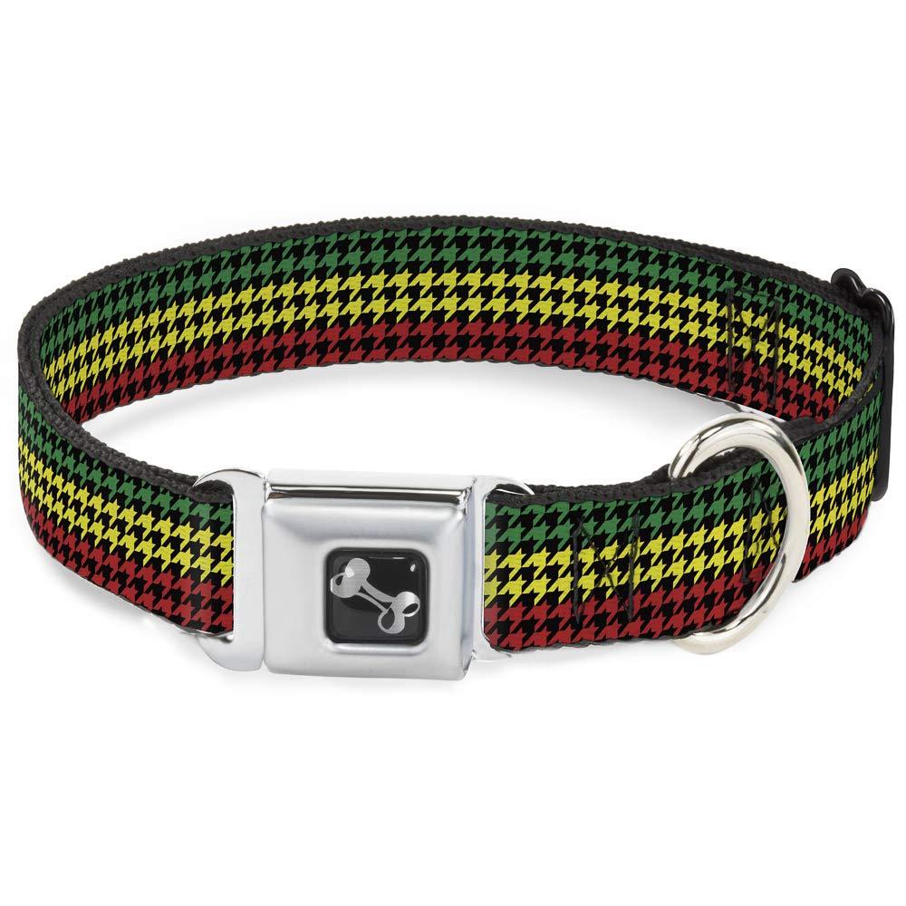 Buckle-Down Seatbelt Buckle Dog Collar - Houndstooth Black/Rasta 1.5" Wide - Fits 16-23" Neck - Medium - PawsPlanet Australia