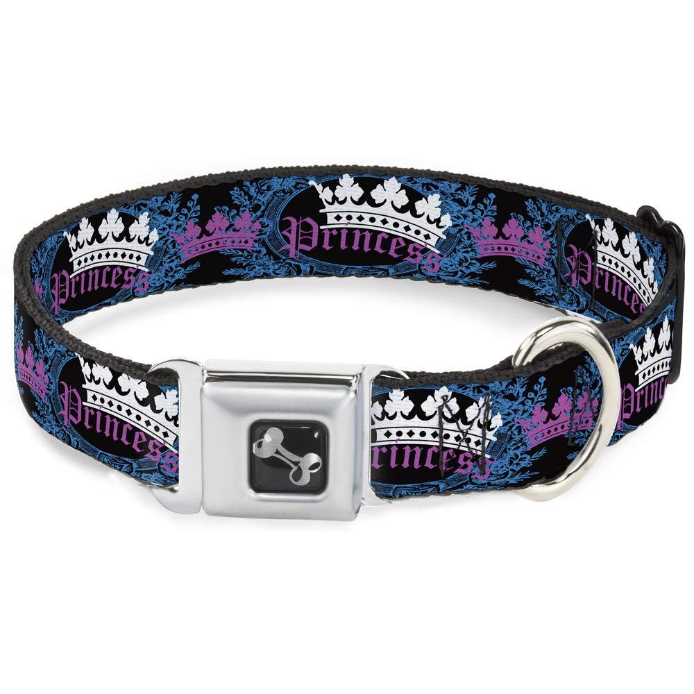 [Australia] - Buckle-Down Seatbelt Buckle Dog Collar - Crown Princess Oval Black/Turquoise 1.5" Wide - Fits 13-18" Neck - Small 