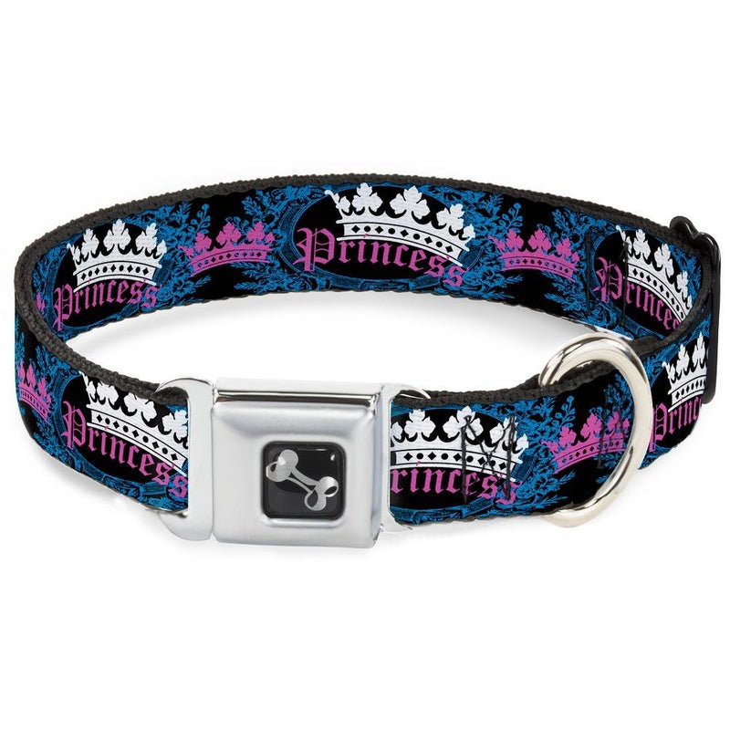 [Australia] - Buckle-Down Seatbelt Buckle Dog Collar - Crown Princess Oval Black/Turquoise - 1.5" Wide - Fits 16-23" Neck - Medium 