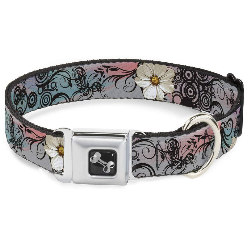 [Australia] - Buckle-Down Seatbelt Buckle Dog Collar - Flowers w/Filigree Pink 1" Wide - Fits 15-26" Neck - Large 