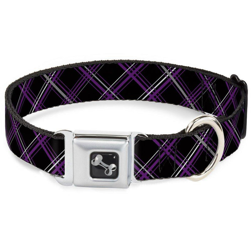 [Australia] - Buckle-Down Seatbelt Buckle Dog Collar - Plaid Black/Purple/Gray - 1" Wide - Fits 9-15" Neck - Small 