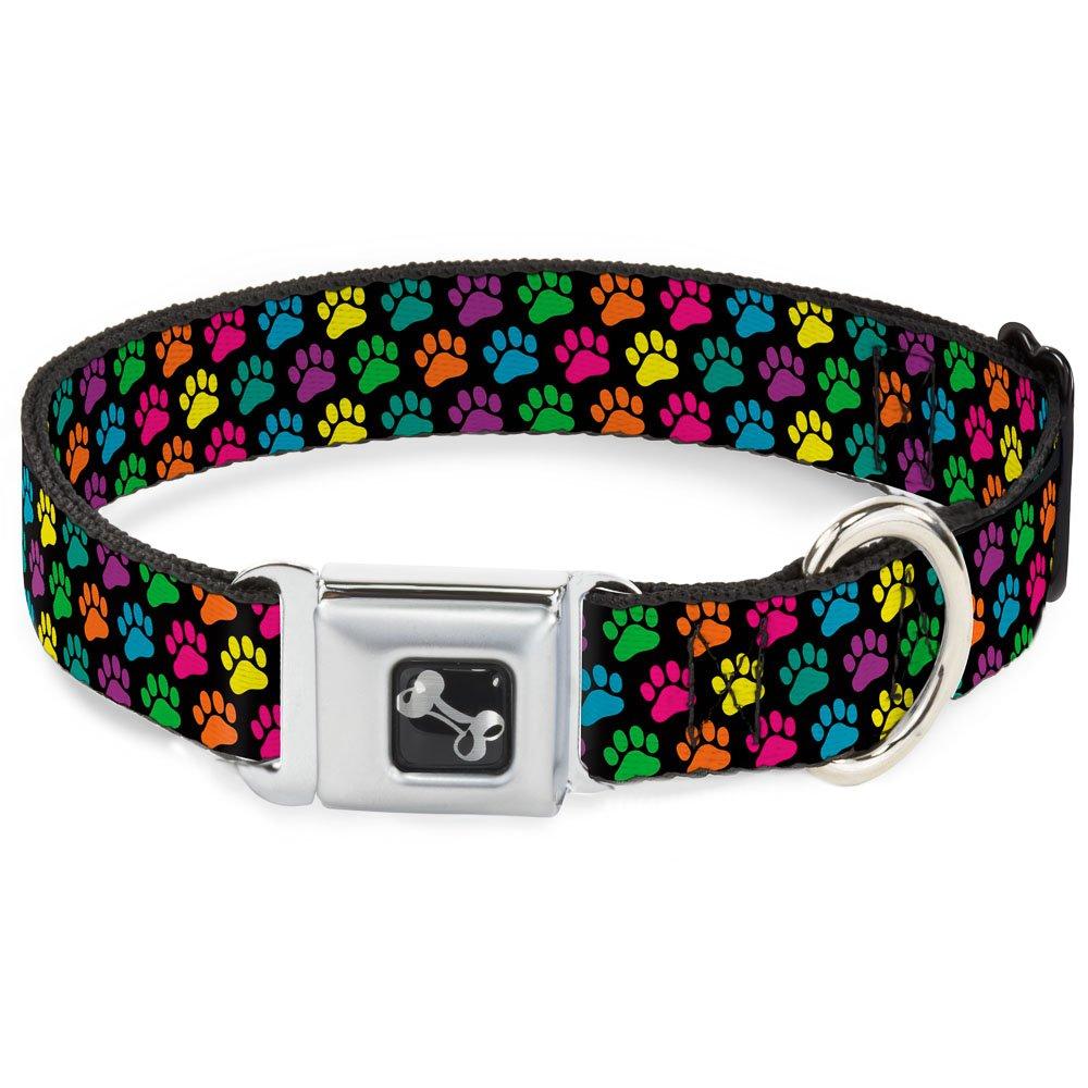 [Australia] - Buckle-Down Seatbelt Buckle Dog Collar - Paw Print Black/Multi Color - 1" Wide - Fits 15-26" Neck - Large 