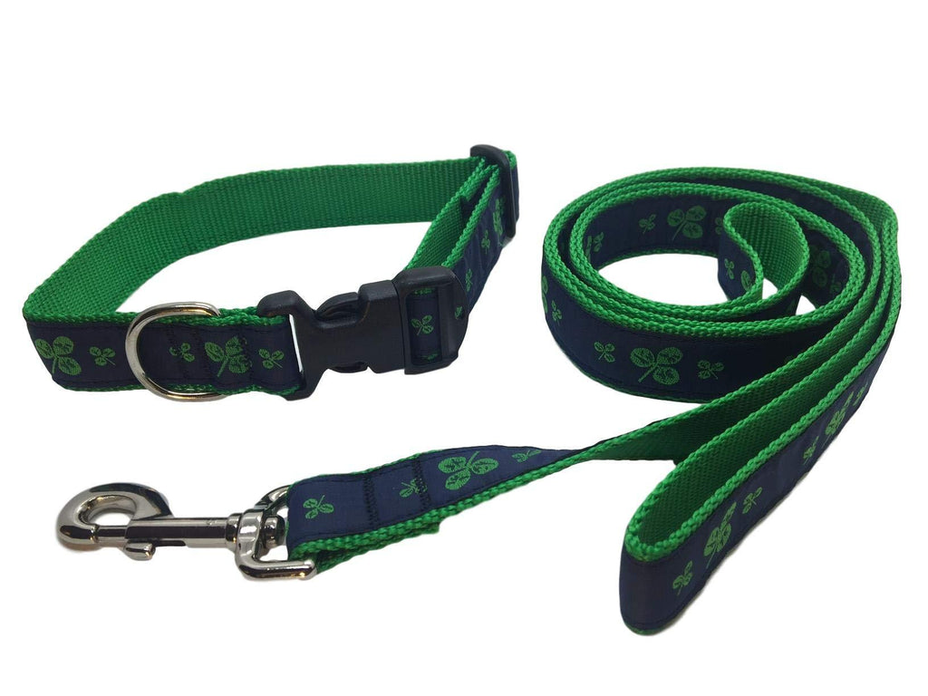[Australia] - Preston Shamrock Dog Collar and Leash Set Navy/Green Ribbon and Nylon Webbing Large 