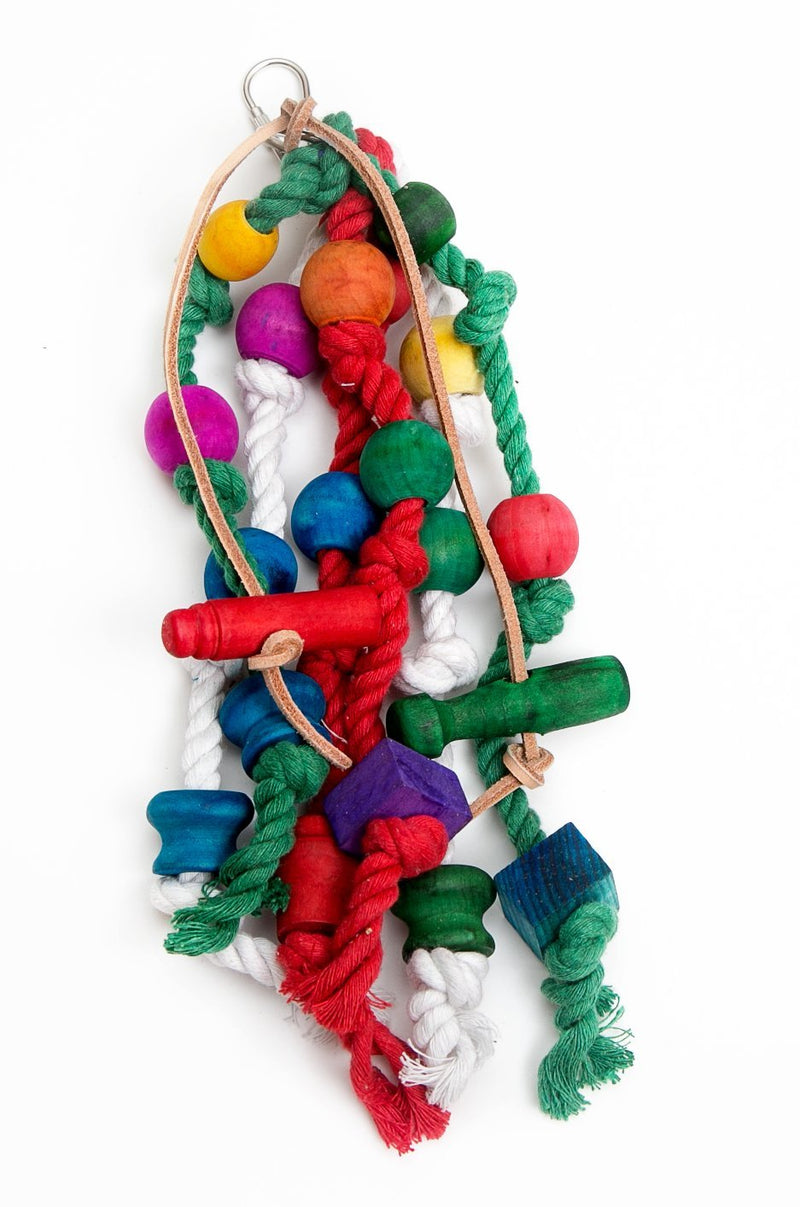 [Australia] - Bird Toy with Leather, Cotton Knots and Wooden Blocks to Chew (Colors May Vary) 