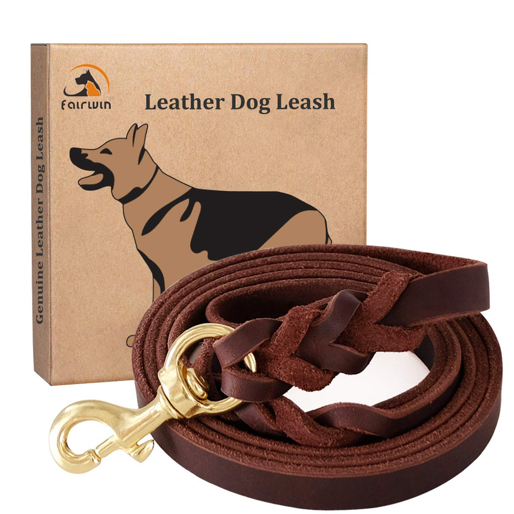 [Australia] - Fairwin Leather Dog Leash 6 Foot - Braided Best Military Grade Heavy Duty Dog Leash for Large Medium Small Dogs Training and Walking M:5/8"x5.6ft Brown 