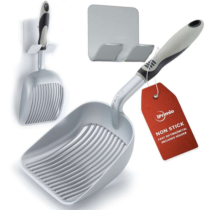 iPrimio Sifter with Deep Shovel - Designed by Cat Owners - Non Stick Plated, Solid Aluminum. Perfect Scooper with Holder. Solid Handle Patented. Silver Scooper Only - PawsPlanet Australia