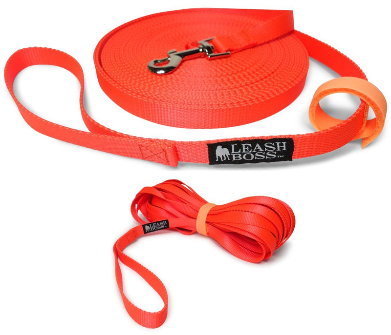 [Australia] - Leashboss Long Trainer - 3/4 Inch Nylon Dog Training Leash with Storage Strap 50 Ft Orange 