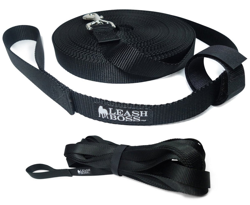 [Australia] - Leashboss Long Trainer - 1 Inch Nylon Long Dog Training Leash with Storage Strap 30 Foot Black 