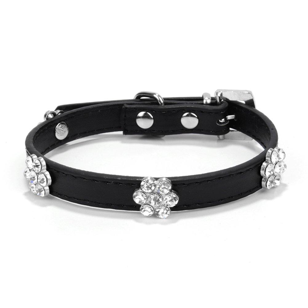 [Australia] - AOLOVE Fashion Rhinestones Diamante Flower Adjustable Pu Leather Pet Collars for Cats Puppy Small Dogs X-Small / Neck 7.8"-10.2" Black 