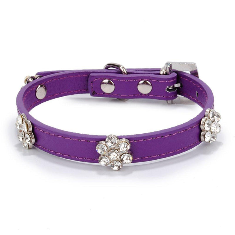 [Australia] - AOLOVE Fashion Rhinestones Diamante Flower Adjustable Pu Leather Pet Collars for Cats Puppy Small Dogs Small / Neck 10.5"-13" Purple 