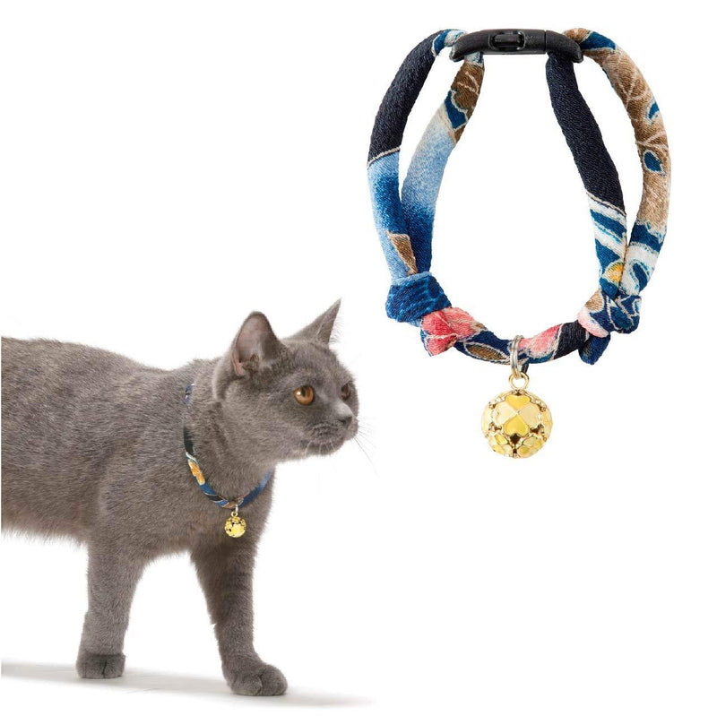Necoichi Chirimen Cat Collar with Clover Bell, Handcrafted in Japan, 1 Size fits All Navy - PawsPlanet Australia