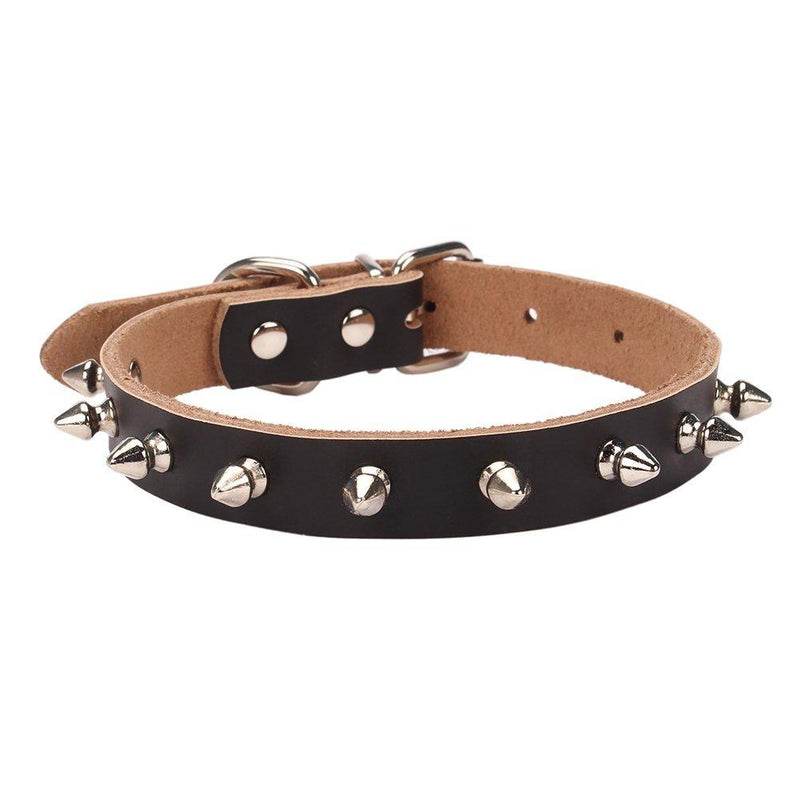 [Australia] - AOLOVE Basic Classic Adjustable Genuine Cow Leather Pet Collars for Cats Puppy Dogs Small / Neck 7.8"-10.2" Black-Spiked Rivet 