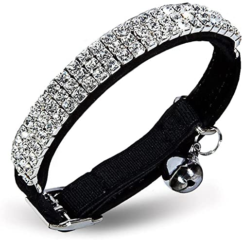 CHUKCHI Soft Velvet Safe Cat Adjustable Collar Bling Diamante with Bells,11 inch for Small Dogs and Cats Black - PawsPlanet Australia