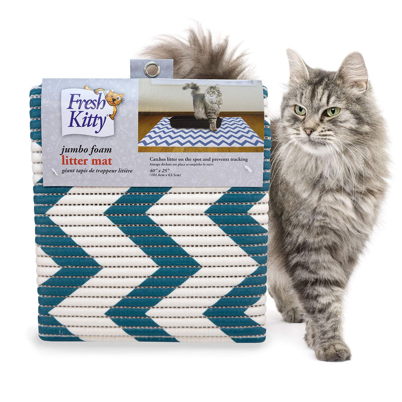 Fresh Kitty Durable XL Jumbo Foam Litter Mat – Phthalate and BPA Free, Water Resistant, Traps Litter from Box, Scatter Control, Easy Clean Mats – Chevron, Blue/White Chevron (9035) - PawsPlanet Australia